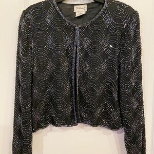 Vintage Stenay Black Jacket with Silver‎ Beading Large Womens Silk Womens Large